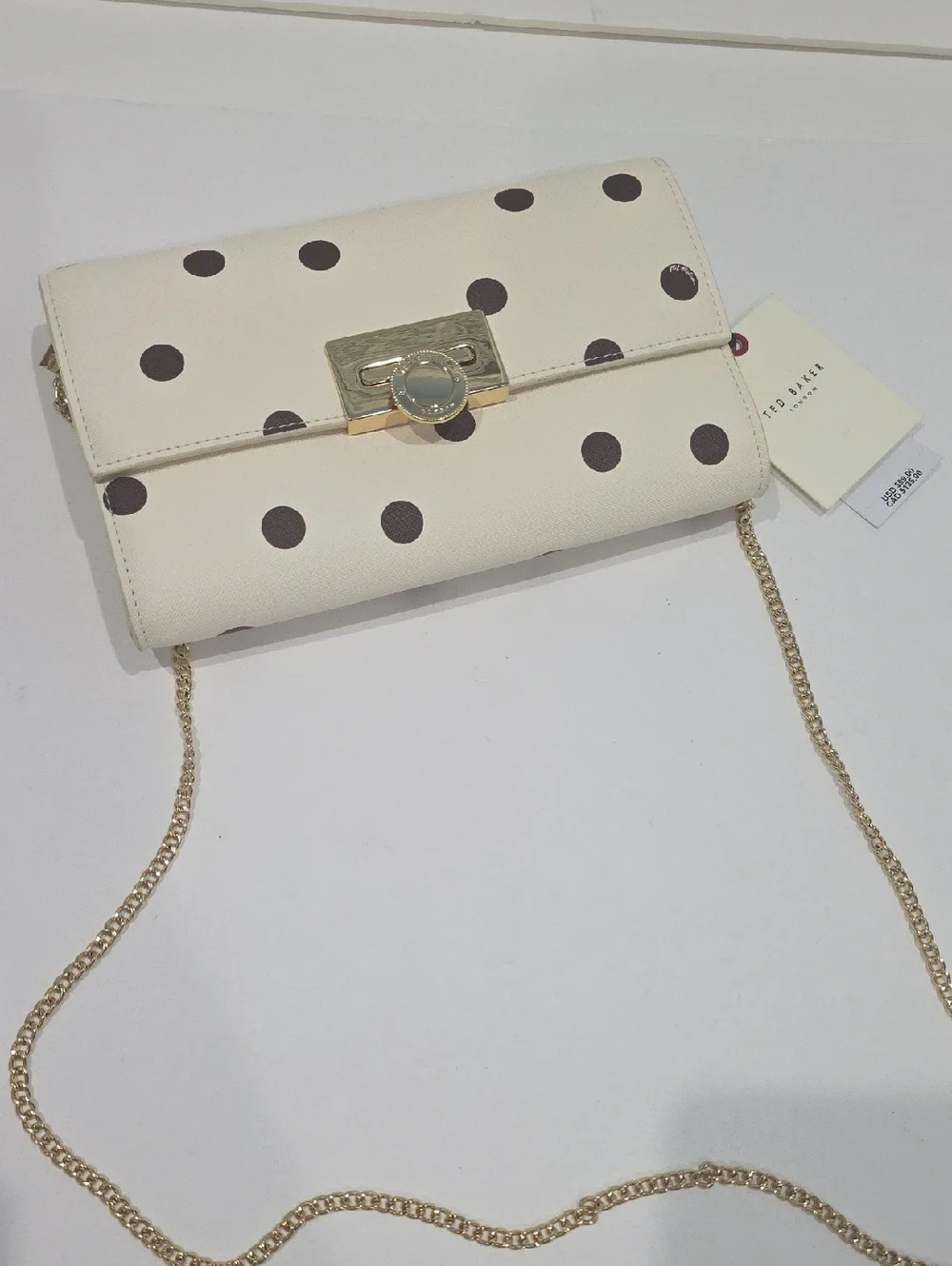 NWT ⭐ Ted Baker PARISA Crossbody Wallet on a Chain Bag Ivory / Brown Polka Dots